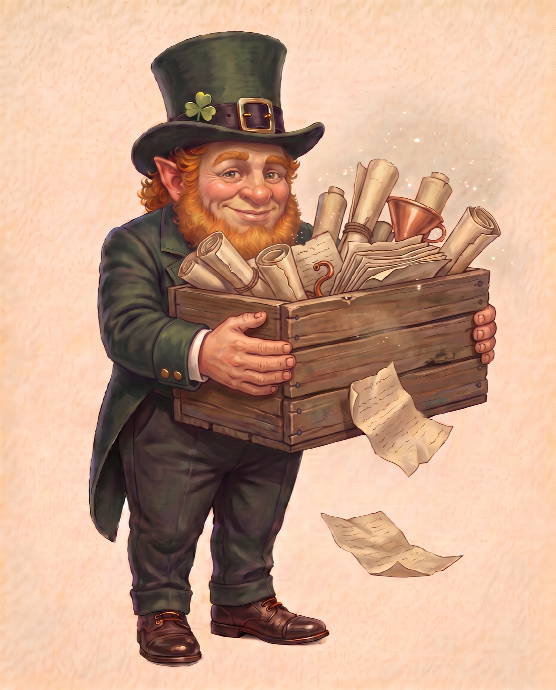 The Butler carrying a crate filled with notes, documents and source material to be organized.
