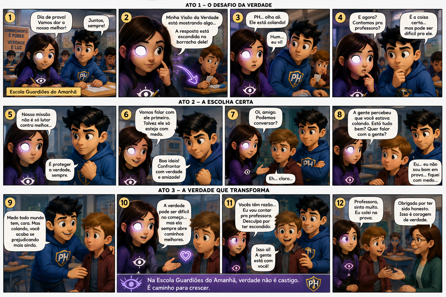 Generated strip: the truth challenge at school, in three acts