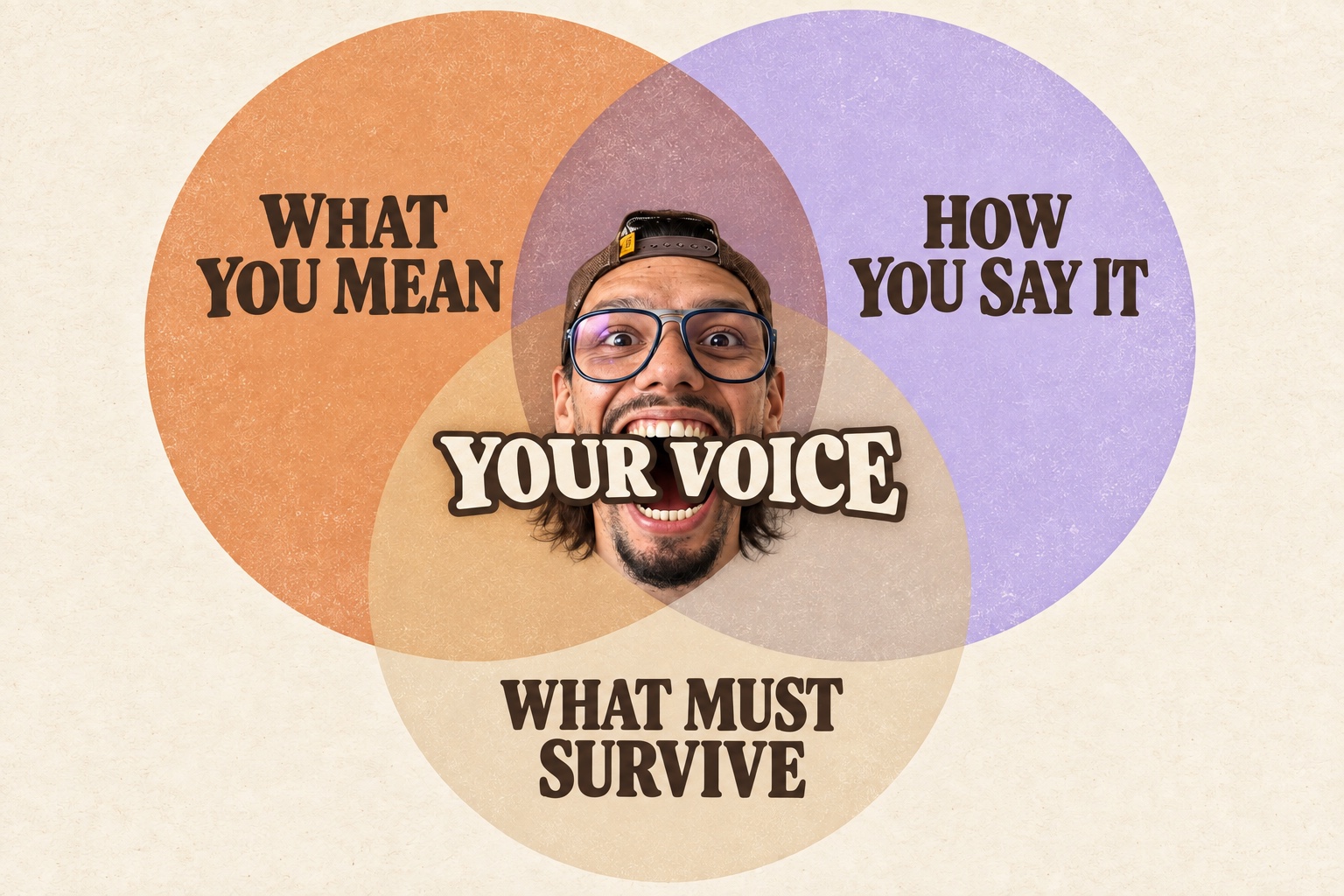 Vini at the center of three overlapping circles with the words Your Voice inside his open mouth.