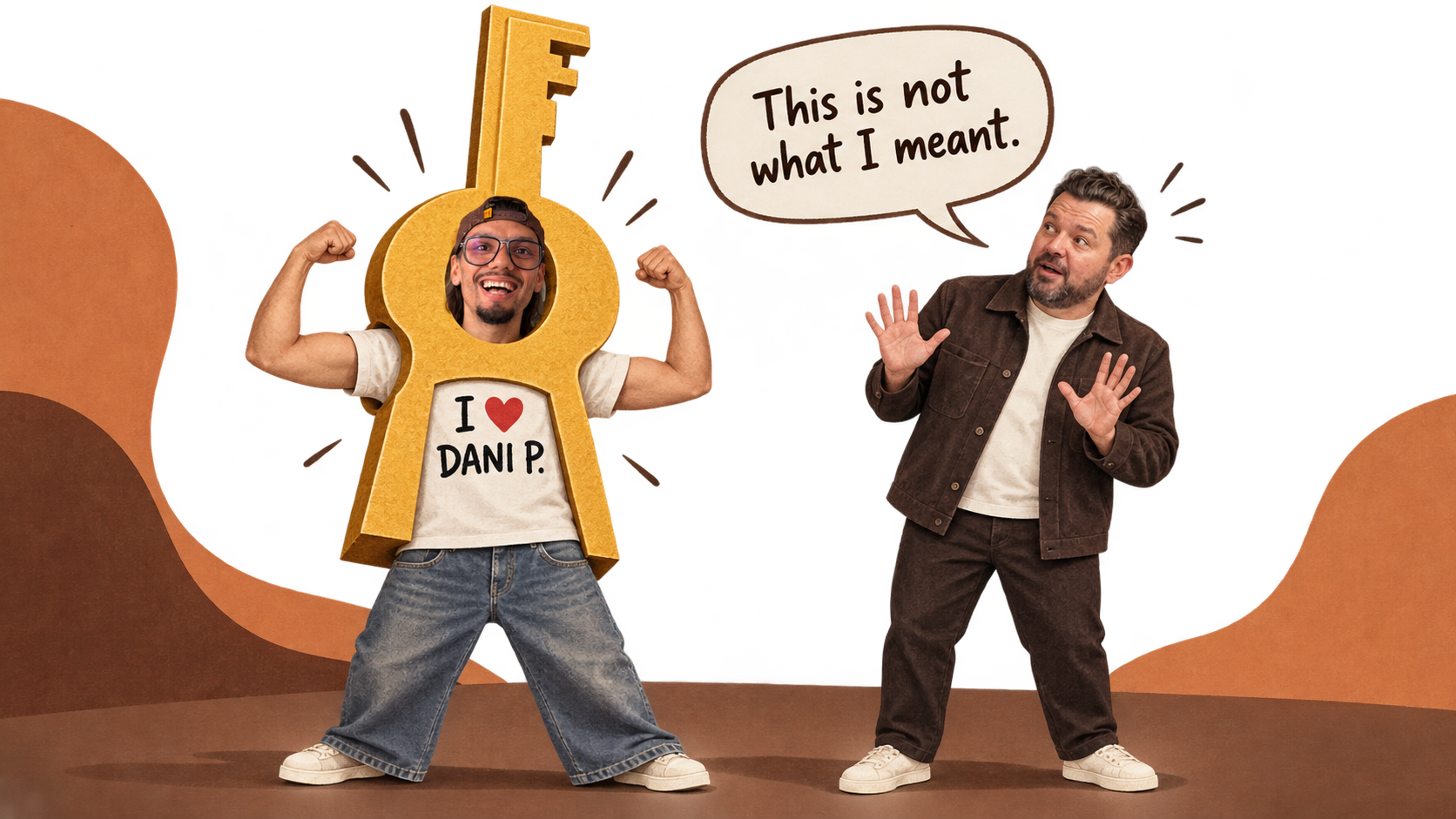 Vini celebrates inside a giant key costume while Daniel Priestley reacts in disbelief.