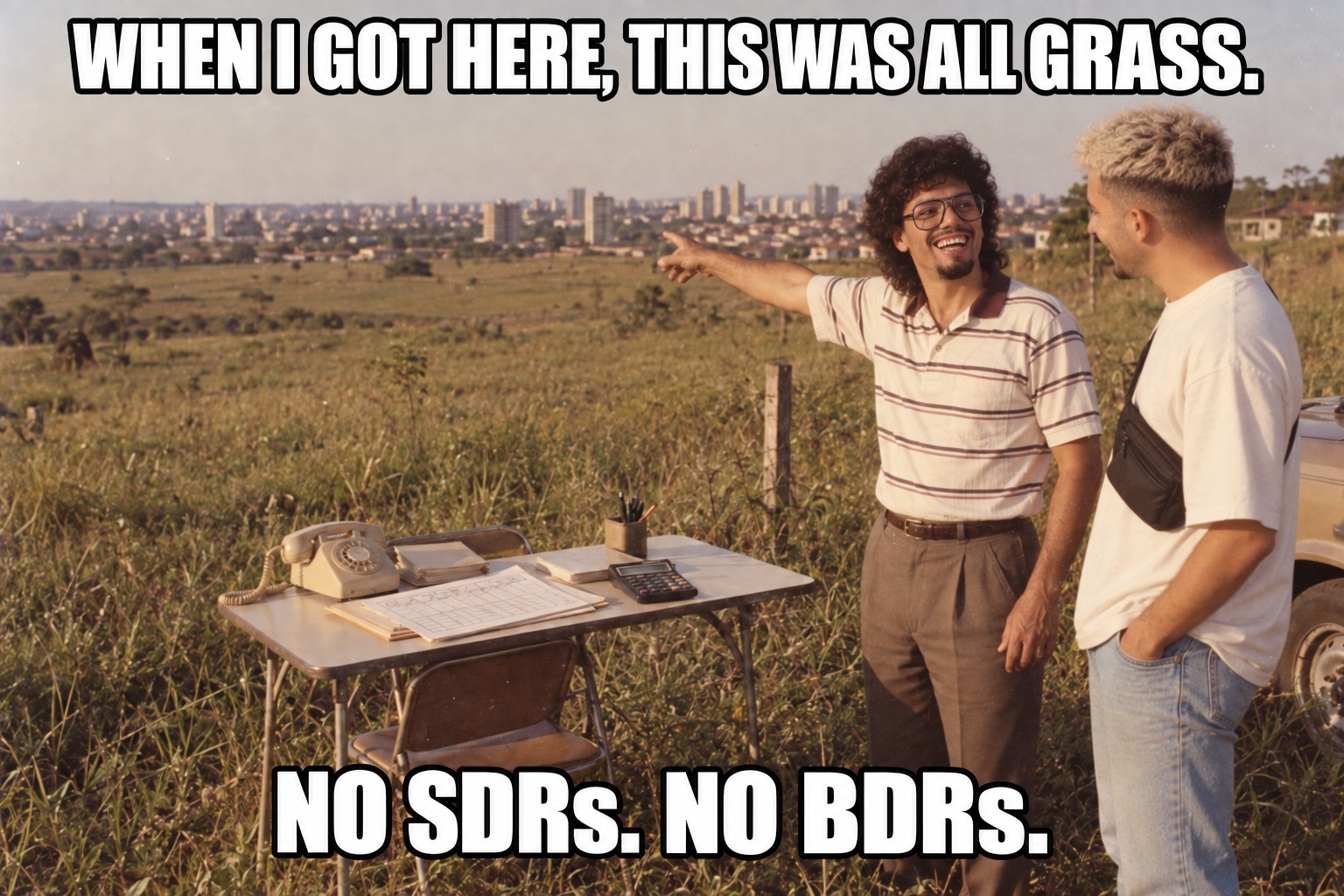 Vini, styled as an early-1980s salesman, points across an empty field beside an analog sales desk.