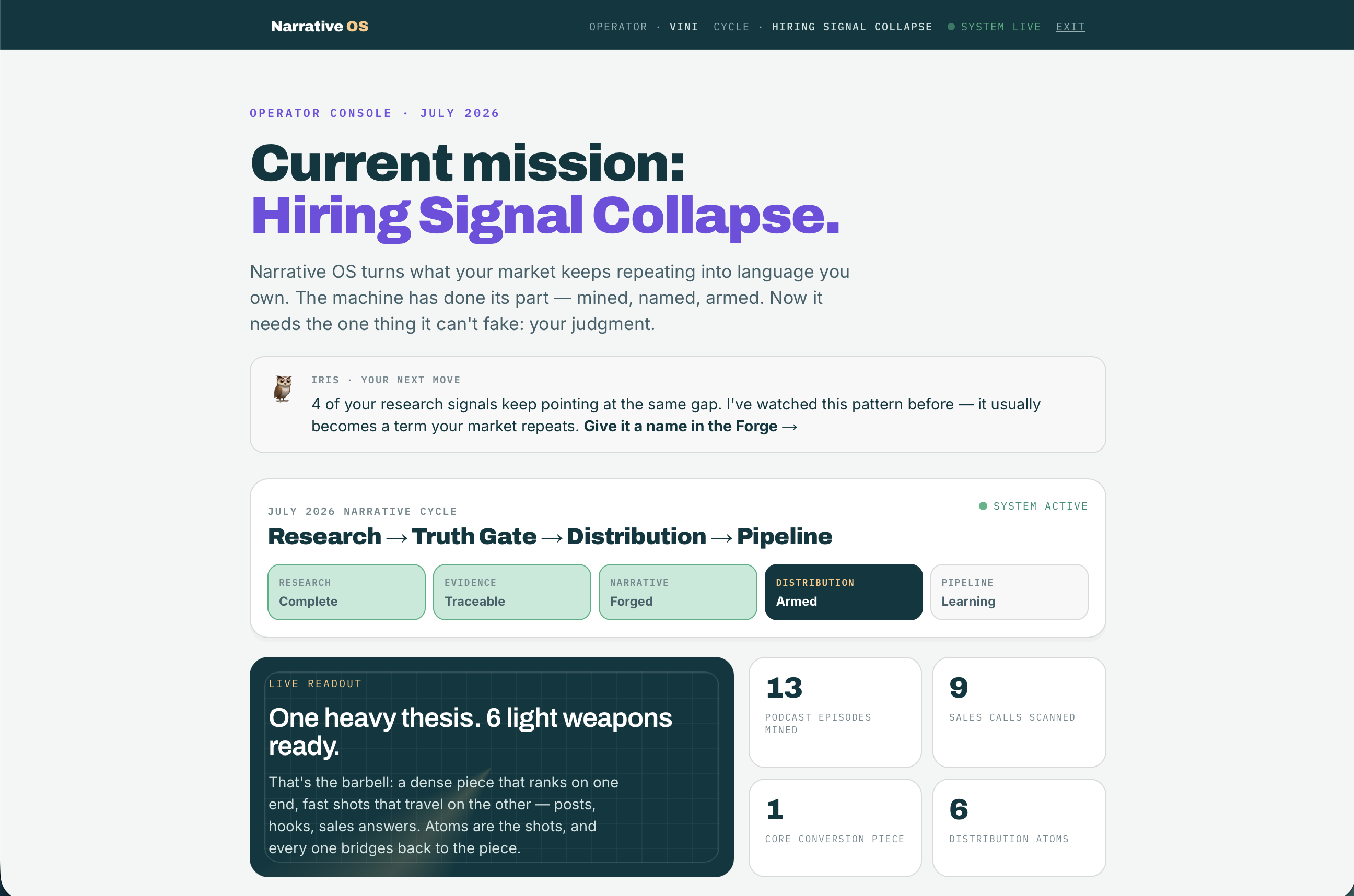 The mission console. Not a mockup — the system the founder operates.