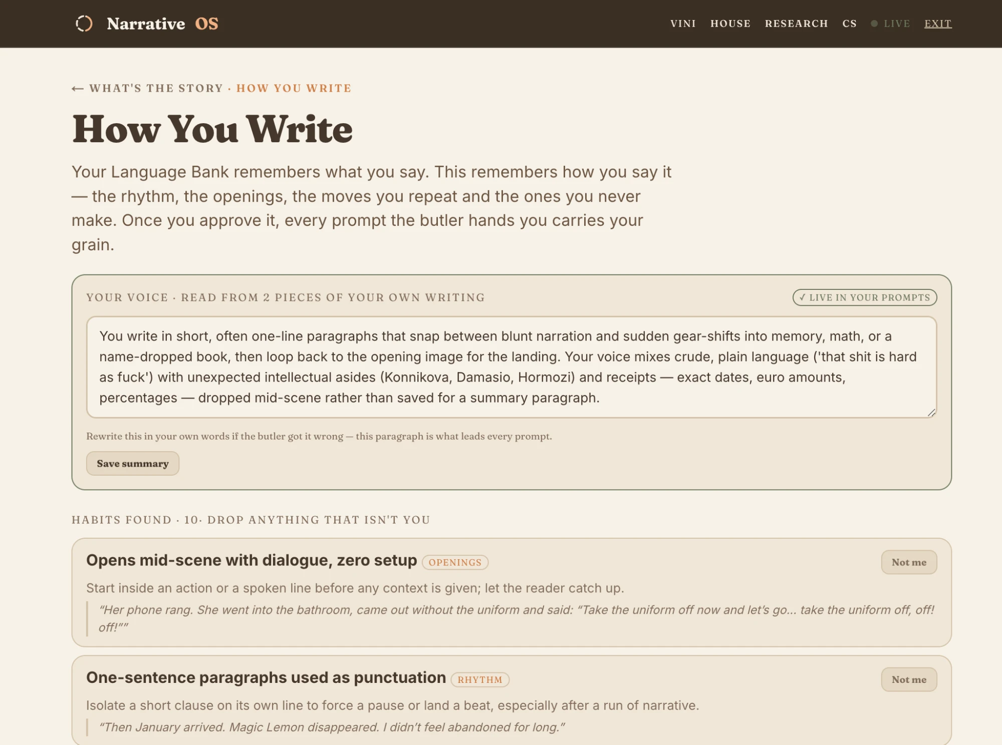 The Your Voice room: a paragraph describing how you write, read from two pieces of your own writing, and a list of habits found, each with a “Not me” button.